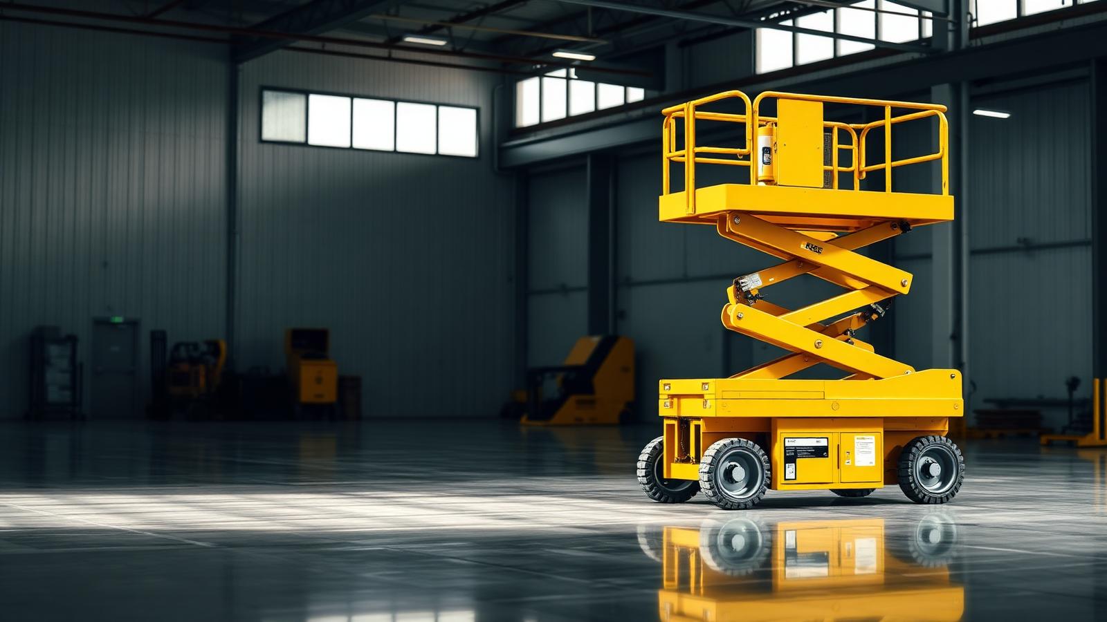 Yellow electric scissor lift parked on a warehouse floor — comparable to JLG, Genie, and Skyjack slab scissor lift rentals