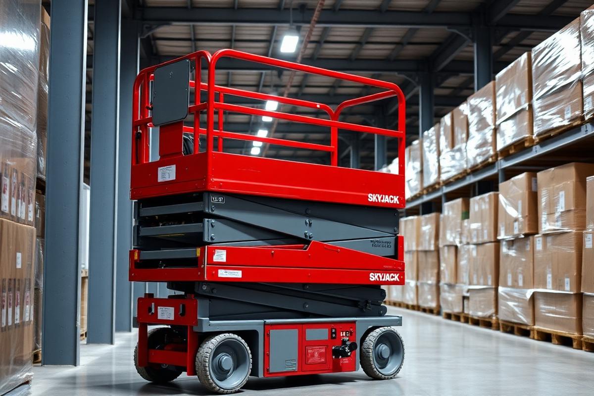 Skyjack SJIII red and gray compact electric scissor lift in a warehouse aisle
