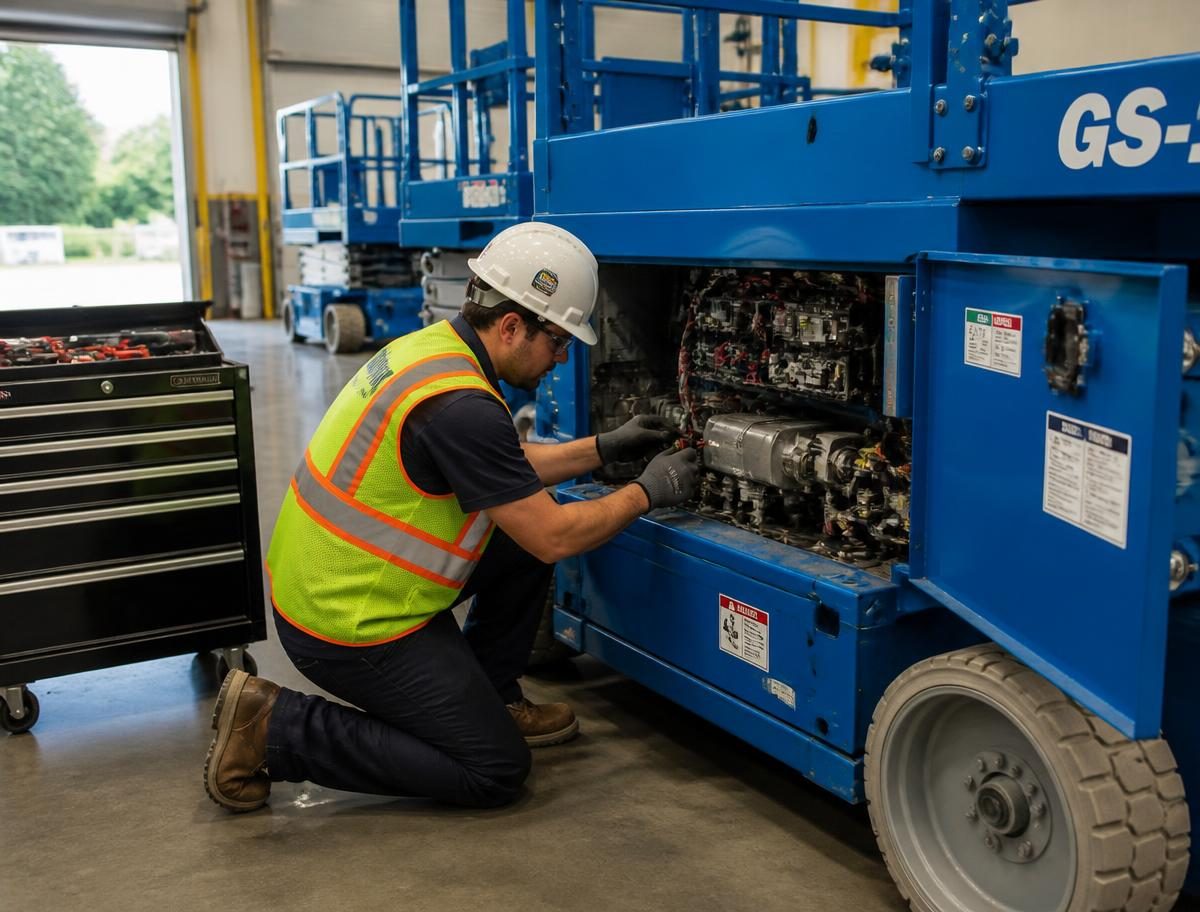 Technician servicing aerial lift